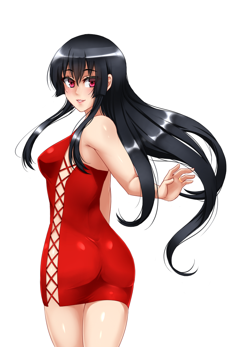 1girl akame akame_ga_kill! ass bare_shoulders black_hair blush breasts cute dress highres jewelry lips long_hair looking_at_viewer medium_breasts parted_lips pink_eyes red_dress ring simple_background skin_tight smile solo square_enix standing tokyo_mx twrlare white_background white_fox_(company)