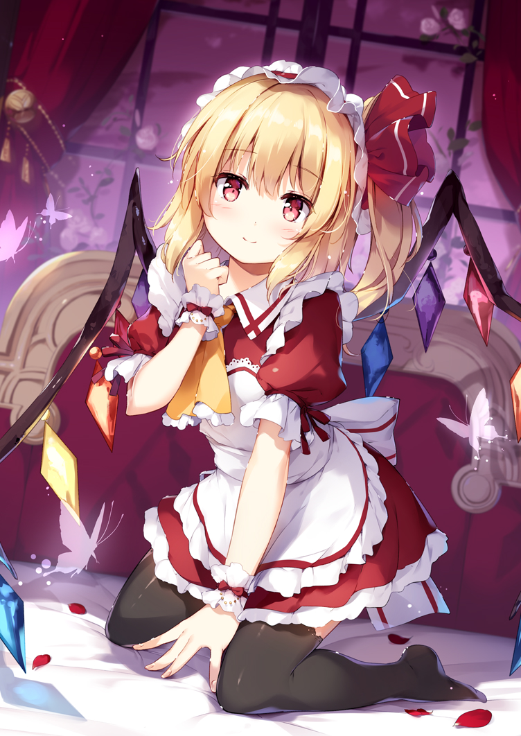 1girl alternate_costume apron ascot bangs bed black_legwear blonde_hair bug butterfly commentary_request crystal curtains dress enmaided eyebrows_visible_through_hair flandre_scarlet hair_ribbon hand_up indoors insect kneeling looking_at_viewer maid maid_apron miyase_mahiro no_shoes one_side_up petals petticoat puffy_short_sleeves puffy_sleeves red_dress red_eyes red_ribbon ribbon rose_petals short_dress short_hair short_sleeves smile solo thighs touhou white_apron window wings yellow_neckwear