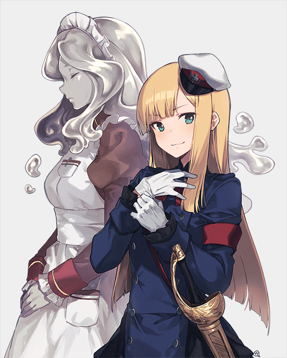 2girls apron blonde_hair buttons closed_eyes closed_mouth fate/grand_order fate_(series) gloves golem green_eyes hair_between_eyes hat looking_at_viewer lord_el-melloi_ii_case_files maid maid_headdress military military_uniform mini_hat multiple_girls nagu parted_lips red_ribbon reines_el-melloi_archisorte ribbon sailor_hat sheath sheathed simple_background smile sword trimmau uniform volumen_hydragyrum weapon white_gloves white_headwear