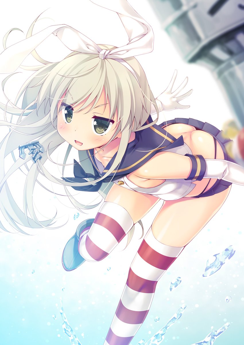 1girl anchor_hair_ornament ass bangs black_panties blue_skirt blush breasts butt_crack buttons collarbone commentary_request crop_top elbow_gloves eyebrows_visible_through_hair gloves green_eyes hair_between_eyes hair_ornament hairband highleg highleg_panties highres kantai_collection lifebuoy long_hair looking_at_viewer masaki_kei microskirt miniskirt open_mouth panties rensouhou-chan sailor_collar school_uniform serafuku shimakaze_(kantai_collection) shoes simple_background skindentation skirt small_breasts smile solo standing striped striped_legwear thigh-highs underwear water water_drop white_background white_gloves white_hair