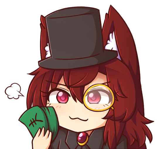 1girl :3 =3 animal_ear_fluff animal_ears bangs black_headwear blush brooch brown_hair chibi commentary english_commentary eyebrows_visible_through_hair hair_between_eyes hat holding holding_money imaizumi_kagerou jewelry long_hair looking_at_viewer money monocle portrait red_eyes simple_background smile solo top_hat touhou white_background wolf_ears wool_(miwol) yen_sign