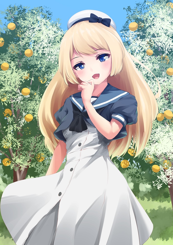 1girl bangs beret black_bow blonde_hair blue_eyes blue_sailor_collar blue_sky blush bow branch collarbone commentary_request crop_top day dress eyebrows_visible_through_hair finger_to_mouth food fruit gloves grass hair_between_eyes hat hat_bow jervis_(kantai_collection) kantai_collection leaf long_hair looking_at_viewer mary_janes natsunoyuu nature open_mouth outdoors sailor_collar sailor_dress sailor_hat shoes short_sleeves sky smile solo standing tree tree_branch white_dress white_gloves white_headwear