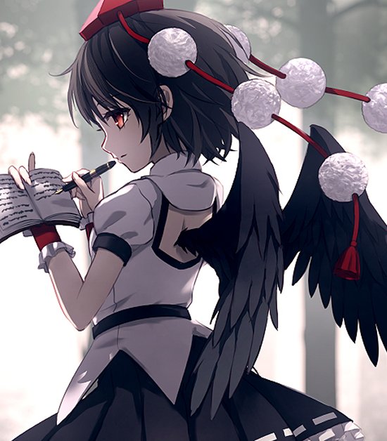 1girl back_cutout bangs bird_wings black_hair black_skirt clothing_cutout cropped_legs dise feathered_wings frilled_skirt frills hat looking_to_the_side notebook pen pom_pom_(clothes) puffy_short_sleeves puffy_sleeves red_eyes ribbon-trimmed_skirt ribbon_trim shameimaru_aya short_hair short_sleeves skirt solo standing tokin_hat touhou upper_body wings wrist_cuffs