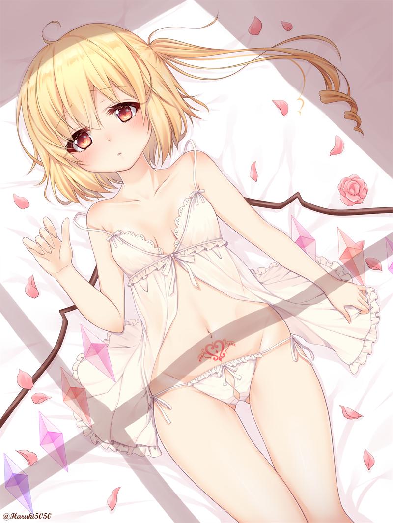 1girl ahoge artist_name babydoll bangs bare_arms bare_shoulders bed_sheet blonde_hair blush breasts collarbone commentary_request cowboy_shot crystal eyebrows_visible_through_hair flandre_scarlet flower groin hair_between_eyes hand_up haruki_(colorful_macaron) indoors long_hair looking_at_viewer lying navel no_hat no_headwear on_back one_side_up panties parted_lips petals pink_flower pink_rose pubic_tattoo red_eyes rose rose_petals shadow side-tie_panties small_breasts solo stomach strap_slip tattoo thighs touhou twitter_username underwear underwear_only white_panties wings
