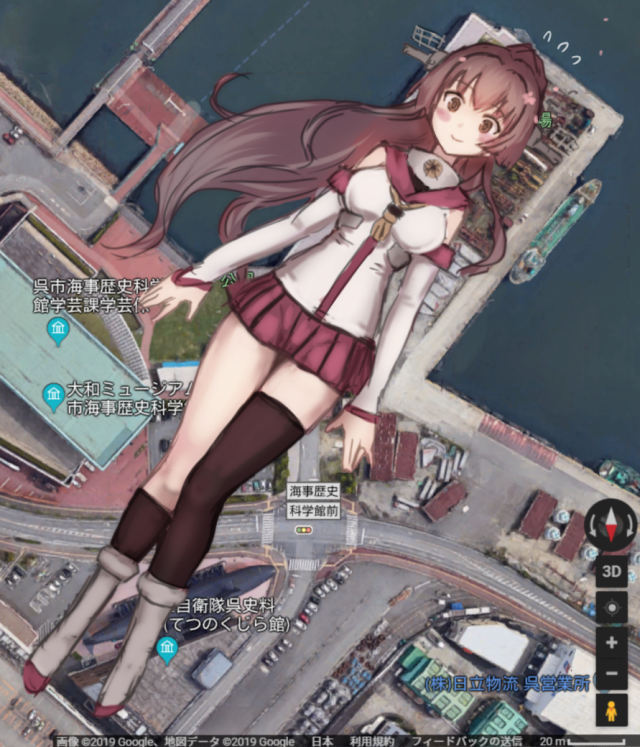 1girl asymmetrical_legwear black_legwear blush breasts brown_eyes brown_hair closed_mouth collage_background collar detached_sleeves from_above giantess google_maps hair_intakes headgear kantai_collection large_breasts long_hair looking_at_viewer lying metal_collar on_back photo_background pleated_skirt ponytail red_skirt single_thighhigh size_difference sketch skirt smile socks solo thigh-highs utopia yamato_(kantai_collection)