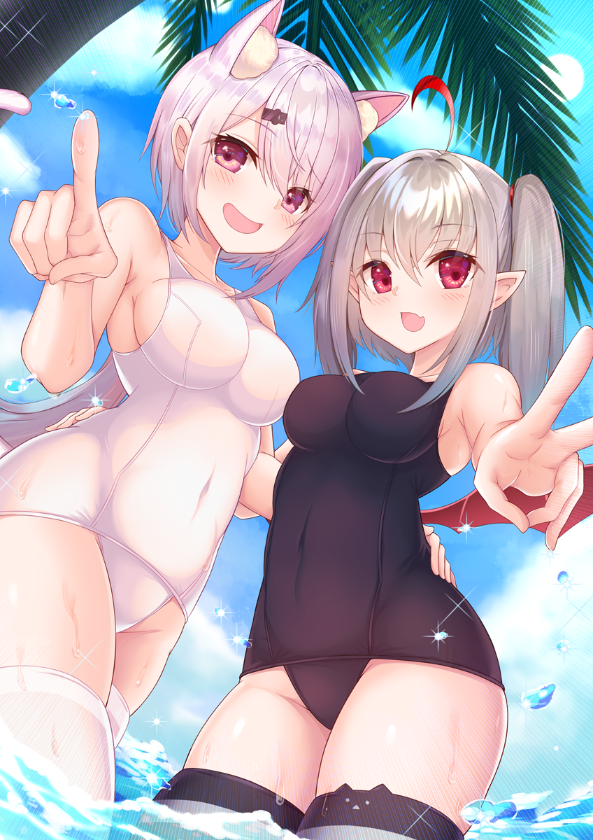 2girls :d ahoge animal_band_legwear animal_ear_fluff animal_ears bangs bare_arms bare_shoulders black_swimsuit blue_sky blush breasts cat_band_legwear clouds commentary_request covered_navel day demon_wings eyebrows_visible_through_hair grey_hair hair_between_eyes hair_ornament hairclip highres large_breasts long_hair looking_at_viewer makaino_ririmu multiple_girls nijisanji one-piece_swimsuit open_mouth outdoors palm_tree pointing pointy_ears purple_hair red_eyes red_wings school_swimsuit shiina_yuika sky smile striped striped_legwear swimsuit thigh-highs tree twintails v very_long_hair virtual_youtuber water water_drop white_legwear white_swimsuit wings yoshiheihe