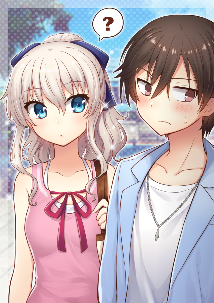 1boy 1girl :/ ? alternate_costume arm_at_side bag blue_shirt blue_sky blurry blush bow breasts brown_eyes brown_hair charlotte_(anime) collarbone commentary_request day depth_of_field eyebrows_visible_through_hair frown hair_between_eyes hair_bow handbag head_tilt jewelry looking_away nakamura_hinato necklace open_clothes open_shirt otosaka_yuu outdoors pink_shirt polka_dot polka_dot_background ponytail red_ribbon ribbon shirt shirt_under_shirt sideways_glance silver_hair sky sleeveless sleeveless_shirt small_breasts sparkle spoken_question_mark sweatdrop tomori_nao tree upper_body white_shirt