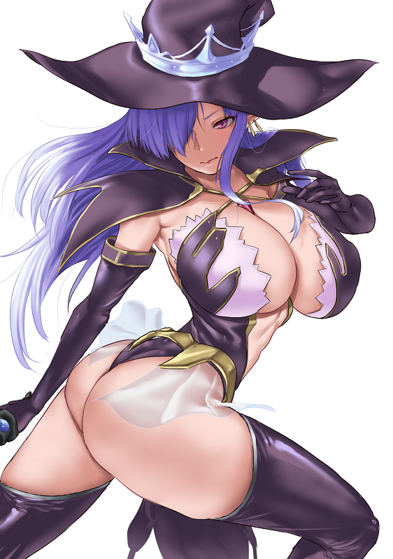 1girl arched_back ass black_gloves black_legwear blue_hair blush breasts capelet elbow_gloves fatima_(luminous_arc) gloves hair_over_one_eye hat highleg_leotard huge_breasts long_hair looking_at_viewer luminous_arc luminous_arc_2 simple_background solo thigh-highs thong_leotard tomiokasena twisted_torso violet_eyes white_background witch_hat