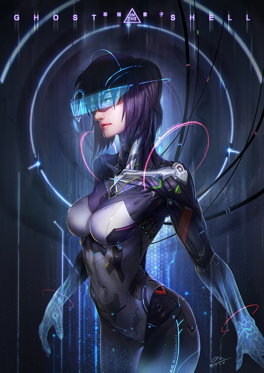 arms_at_sides bangs bodysuit breasts cable character_name commentary_request copyright_name covered_navel cyborg dated erect_nipples ghost_in_the_shell ghost_in_the_shell_stand_alone_complex hair_ornament highres kusanagi_motoko lips medium_breasts nose one_eye_closed pink_lips purple_bodysuit purple_hair science_fiction short_hair signature skin_tight