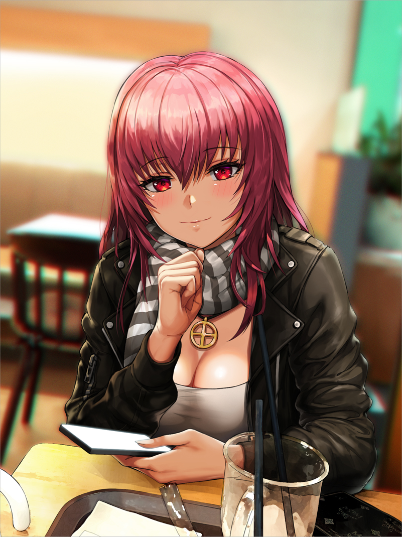 1girl bangs black_jacket blush breasts casual cellphone cleavage closed_mouth eyebrows_visible_through_hair fate/grand_order fate_(series) greem_bang hair_between_eyes head_tilt holding holding_phone indoors jacket large_breasts long_hair looking_at_viewer phone purple_hair red_eyes scarf scathach_(fate)_(all) scathach_(fate/grand_order) shirt smartphone smile solo very_long_hair white_shirt