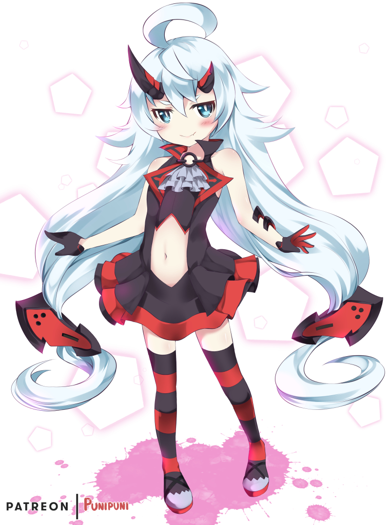 1girl ahoge artist_name asymmetrical_horns bangs bare_shoulders blood_embrace blue_eyes catstudioinc_(punepuni) commentary dress english_commentary fang fang_out full_body gloves half_gloves honkai_(series) honkai_impact_3rd horns long_hair looking_at_viewer navel navel_cutout o-ring patreon_username simple_background skin_fang smile solo splatter striped striped_legwear thigh-highs very_long_hair white_hair