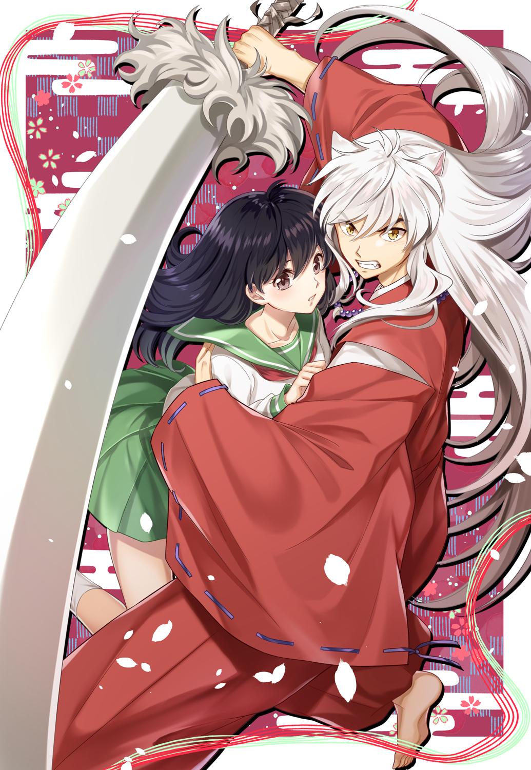 1boy 1girl animal_ears bare_legs barefoot black_hair brown_eyes clenched_teeth collarbone dog_ears eyebrows_visible_through_hair eyes_visible_through_hair fangs green_skirt hair_between_eyes highres higurashi_kagome hug inuyasha inuyasha_(character) long_hair long_sleeves looking_at_viewer motobi_(mtb_umk) parted_lips patterned_background petals pleated_skirt robe sailor_collar school_uniform serafuku silver_hair skirt slit_pupils socks sword teeth weapon wide_sleeves yellow_eyes