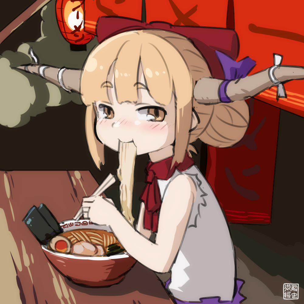 1girl bangs blush bow bowl chopsticks eating egg eyebrows_visible_through_hair food food_in_mouth hair_bow hair_bun hair_up holding holding_chopsticks ibuki_suika kani_onigiri_(shottare) lantern left-handed long_hair looking_at_viewer neck_ribbon noodles oni oni_horns orange_eyes orange_hair paper_lantern ramen red_bow red_ribbon ribbon shirt sleeveless sleeveless_shirt solo touhou white_shirt