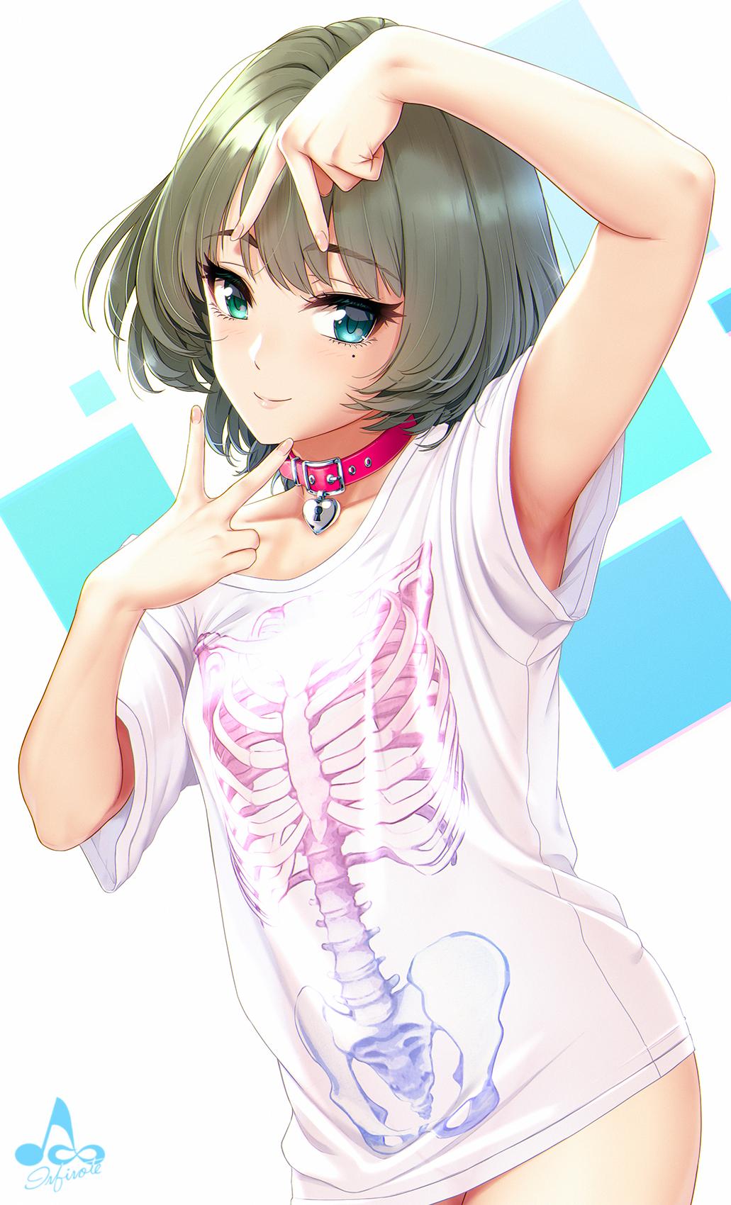 1girl arm_up armpits artist_name bangs bare_arms blue_eyes blush breasts brown_hair closed_mouth collar collarbone cosplay cowboy_shot double_v eyebrows_visible_through_hair green_eyes heterochromia highres idolmaster idolmaster_cinderella_girls infinote jewelry long_hair looking_at_viewer medium_breasts mole mole_under_eye red_eyes shirt short_hair short_sleeves signature skeleton_print smile solo t-shirt takagaki_kaede v white_shirt yumemi_riamu yumemi_riamu_(cosplay)