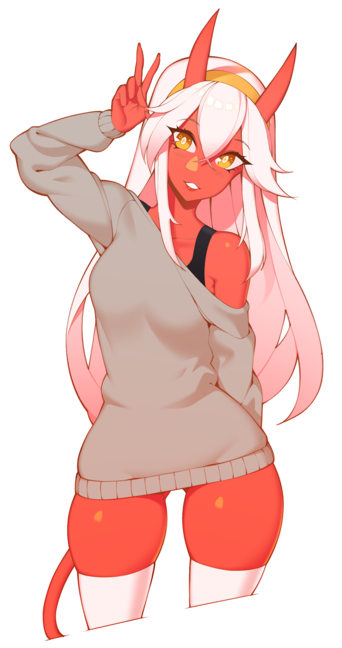 1girl arm_at_side commission demon_girl demon_horns demon_tail gluteal_fold grey_sweater hair_between_eyes hairband halphelt hand_up highres horns long_hair long_sleeves looking_at_viewer original parted_lips red_skin sidelocks simple_background solo standing sweater tail thigh-highs v very_long_hair white_background white_hair white_legwear yellow_eyes yellow_hairband