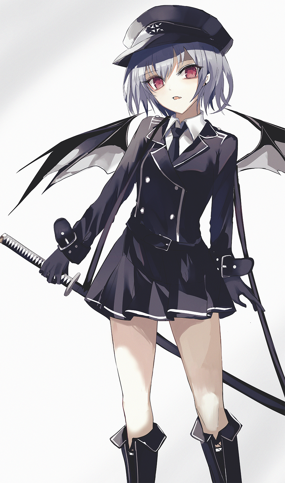1girl alternate_costume arm_at_side bangs bat_wings beckzawachi belt_buckle black_footwear black_gloves black_headwear black_neckwear black_skirt boots buckle collared_shirt earrings eyebrows_visible_through_hair feet_out_of_frame gloves gradient gradient_background highres holding holding_sword holding_weapon jewelry knee_boots long_sleeves looking_at_viewer miniskirt necktie parted_lips pleated_skirt remilia_scarlet shirt short_hair simple_background skirt solo standing sword touhou uniform violet_eyes weapon white_background white_shirt wings