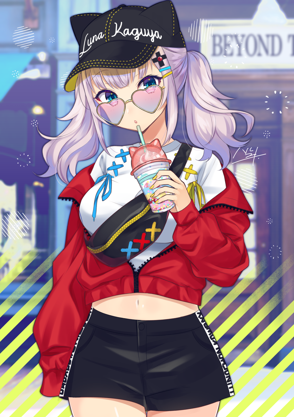 1girl :o animal_ears baseball_cap black_headwear black_shorts blue_eyes blurry body_bag breasts character_name commentary_request cowboy_shot crop_top cup d-pad d-pad_hair_ornament depth_of_field disposable_cup drinking_straw fake_animal_ears hair_ornament hairclip haruyuki_14 hat heart heart-shaped_eyewear highres holding holding_cup jacket kaguya_luna long_hair long_sleeves looking_at_viewer looking_over_eyewear medium_breasts midriff nail_polish navel off_shoulder open_clothes open_jacket outdoors parted_lips red_jacket shirt short_shorts shorts sidelocks silver_hair solo standing sunglasses the_moon_studio twintails virtual_youtuber white_shirt yellow-framed_eyewear yellow_nails zipper