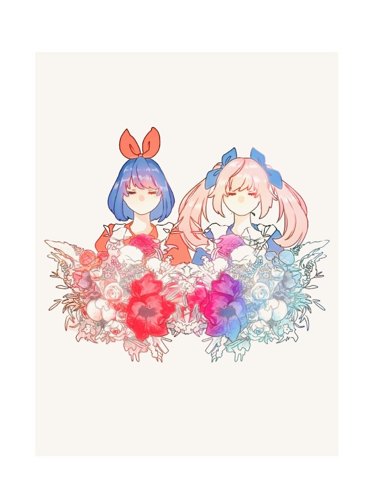 2girls bangs blue_bow blue_flower blue_hair border bow closed_eyes flower hair_bow hair_ribbon long_hair multiple_girls no_mouth omega_rei omega_rio omega_sisters pink_hair plug25230759 red_flower red_ribbon ribbon short_hair swept_bangs twintails virtual_youtuber white_border white_flower