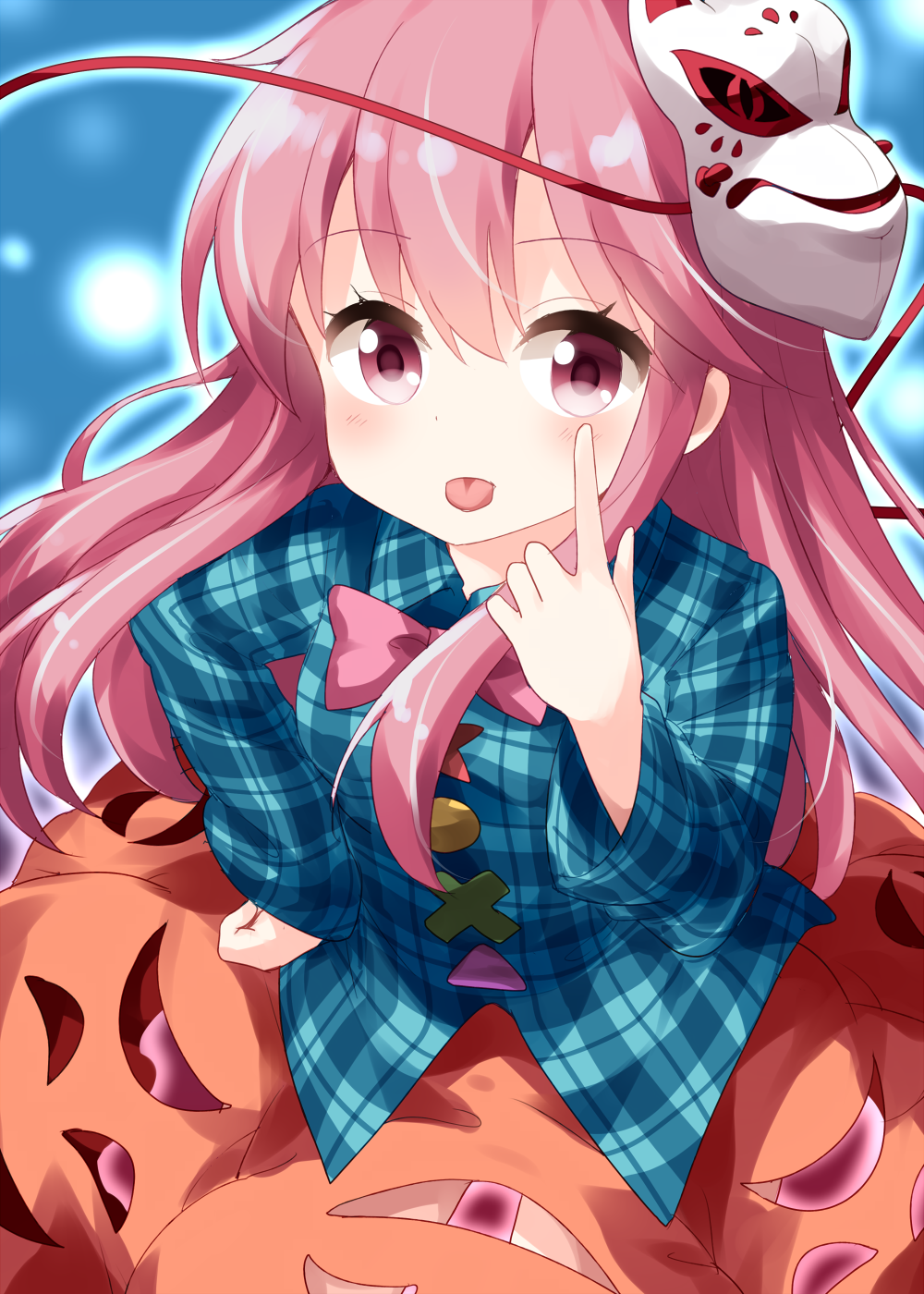 1girl :p akanbe aura bending_forward blue_background blush bow bowtie breasts bubble_skirt eyebrows_visible_through_hair finger_to_face fox_mask hair_between_eyes hand_on_hip hata_no_kokoro highres long_hair long_sleeves looking_at_viewer mask mask_on_head pink_eyes pink_hair pink_neckwear pink_skirt plaid plaid_shirt ruu_(tksymkw) shirt simple_background skirt small_breasts solo tongue tongue_out touhou untucked_shirt very_long_hair