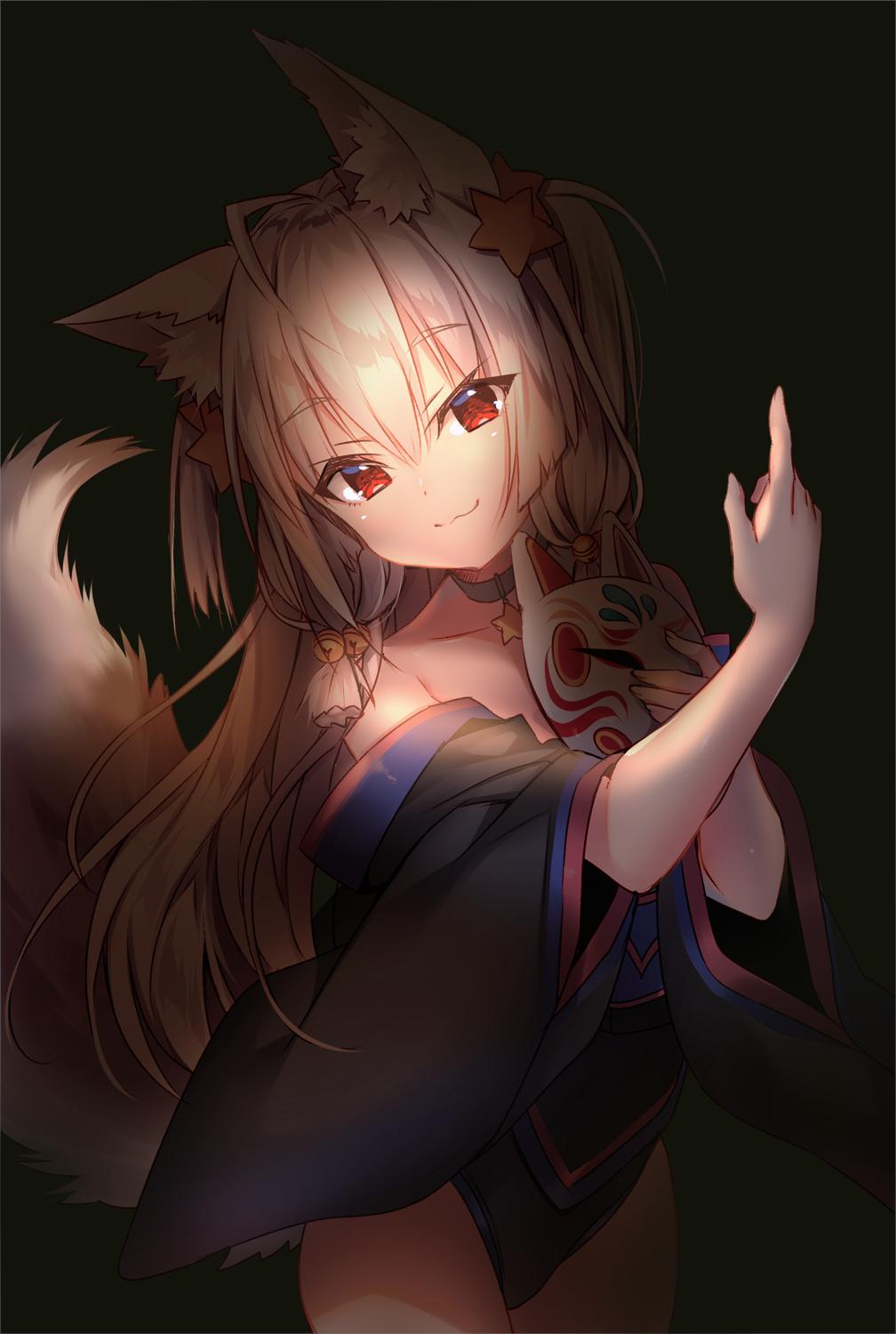 1girl :3 animal_ear_fluff animal_ears bangs bell black_collar blonde_hair closed_mouth collar commentary_request cowboy_shot dark eyebrows_visible_through_hair fox_ears fox_girl fox_mask fox_tail hair_between_eyes highres holding holding_mask japanese_clothes jewelry jingle_bell kimono long_hair long_sleeves looking_at_viewer low_tied_hair mask necklace off-shoulder_kimono original purple_kimono red_eyes shade simple_background smile solo standing star star_necklace tail usagihime wide_sleeves