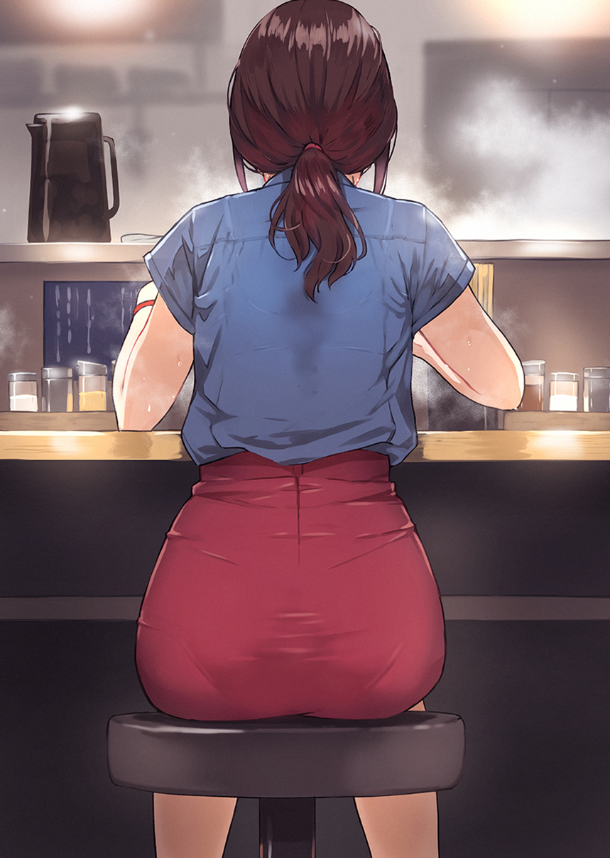 1girl ass back blue_shirt bracelet bralines brown_hair commentary_request condiment counter doushimasho eating facing_away food from_behind highres jewelry long_hair noodles office_lady original pantylines pencil_skirt pitcher ponytail ramen red_skirt restaurant shirt shirt_tucked_in short_sleeves sidelocks sitting skirt steam stool sweat
