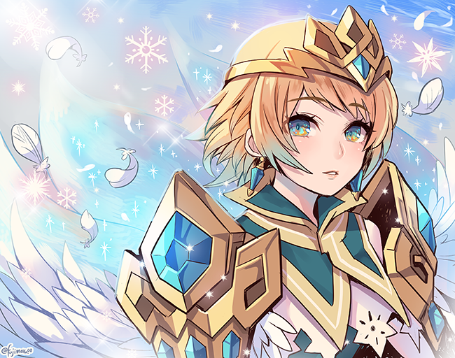 1girl blonde_hair blue_eyes blue_hair crown earrings feather_trim fire_emblem fire_emblem_heroes fjorm_(fire_emblem_heroes) fujimaru_(green_sparrow) gradient_hair jewelry looking_at_viewer multicolored_hair nintendo short_hair simple_background smile solo
