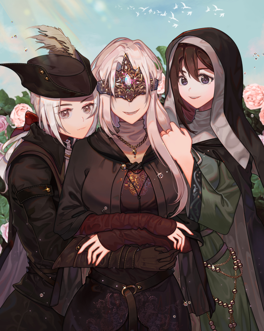 3girls armor ascot bandage black_hair blindfold blonde_hair bloodborne blue_eyes breasts cape capelet choker cloak covered_eyes dark_souls_iii demon's_souls dress fire_keeper from_software gloves hat hat_feather highres hug jewelry lady_maria_of_the_astral_clocktower lips long_hair looking_at_viewer maiden_in_black mask multiple_girls necklace peach_luo ponytail short_hair simple_background smile souls_(from_software) the_old_hunters tricorne white_hair