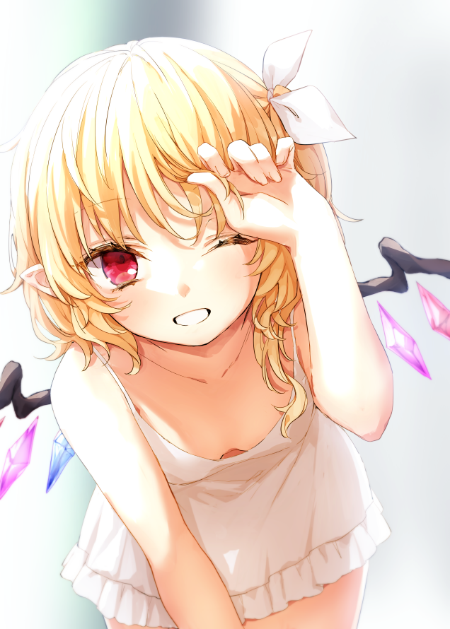 1girl alternate_costume bangs bare_arms bare_shoulders blonde_hair blurry blurry_background breasts collarbone commentary_request cowboy_shot crystal dress eyebrows_visible_through_hair flandre_scarlet grey_background grin hair_between_eyes hair_ribbon hand_up honotai leaning_forward long_hair looking_at_viewer no_hat no_headwear one_eye_closed pointy_ears red_eyes ribbon short_dress side_ponytail small_breasts smile solo spaghetti_strap touhou white_dress white_ribbon wings