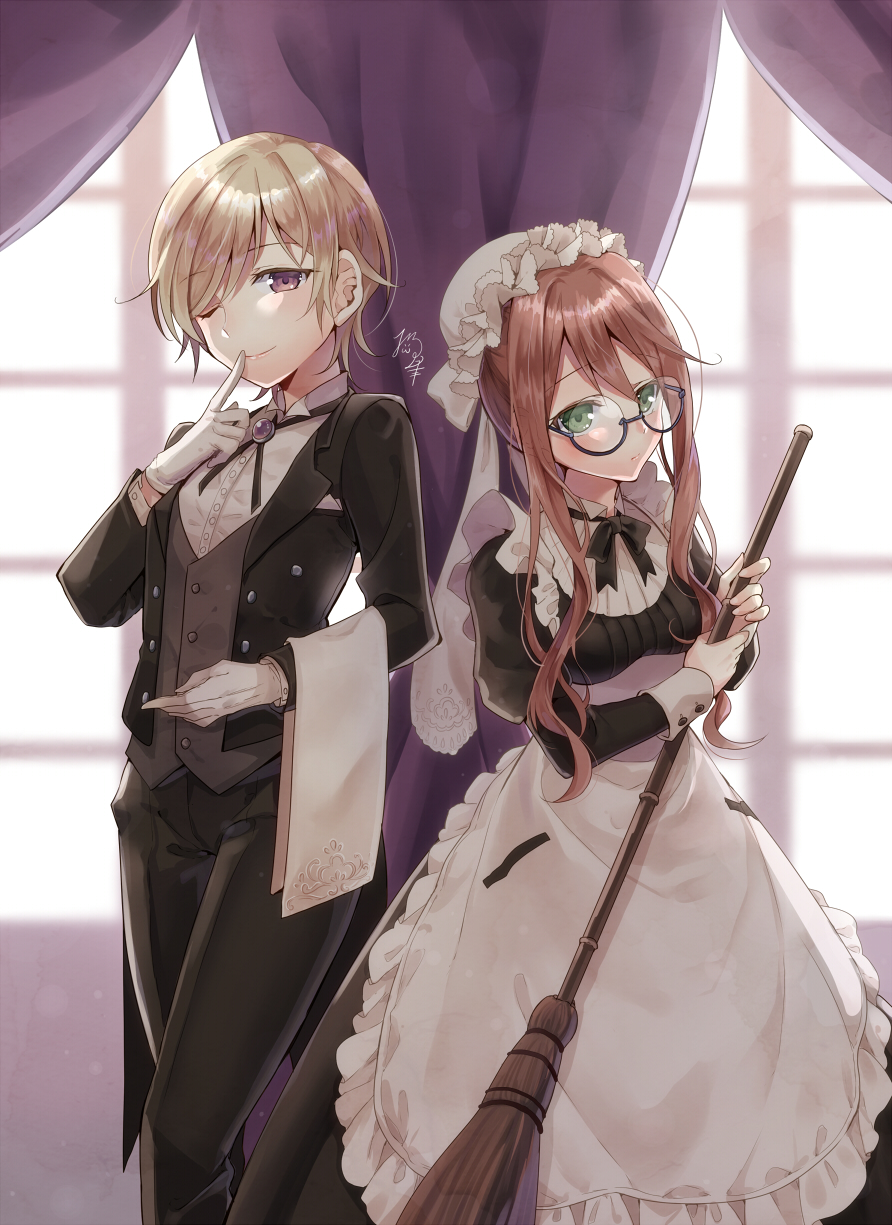 2girls apron blonde_hair broom brown_eyes butler coattails commentary eyebrows_visible_through_hair finger_to_mouth glasses gloves green_eyes highres holding holding_broom long_hair looking_at_viewer maid maid_apron multiple_girls nekozuki_yuki one_eye_closed orange_hair original reverse_trap round_eyewear semi-rimless_eyewear short_hair suit_jacket white_gloves