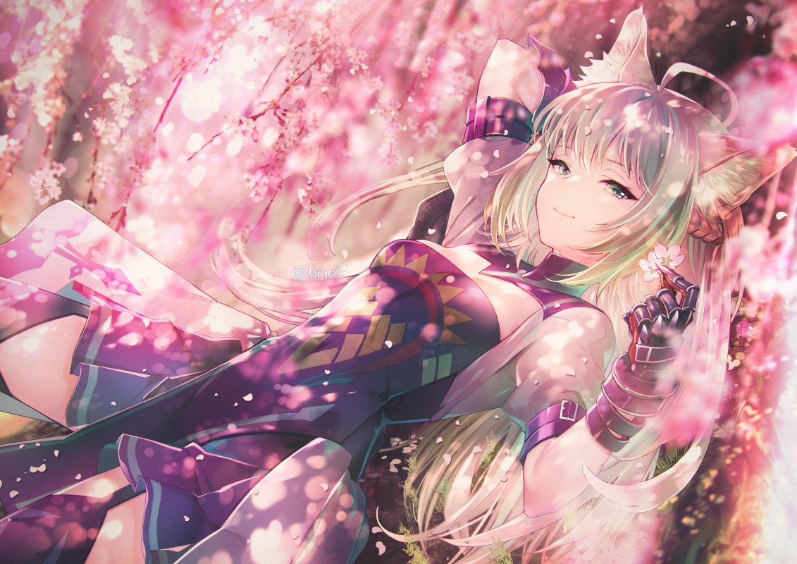 1girl ahoge animal_ears atalanta_(fate) blonde_hair braid breasts cat_ears cherry_blossoms closed_mouth commentary_request dress eyebrows_visible_through_hair fate/apocrypha fate/grand_order fate_(series) flower french_braid gloves green_eyes green_hair hair_between_eyes hand_on_back holding holding_flower long_hair looking_at_viewer medium_breasts miyuki_ruria multicolored_hair nature open_eyes petals pink_flower smile solo tree twitter_username two-tone_hair