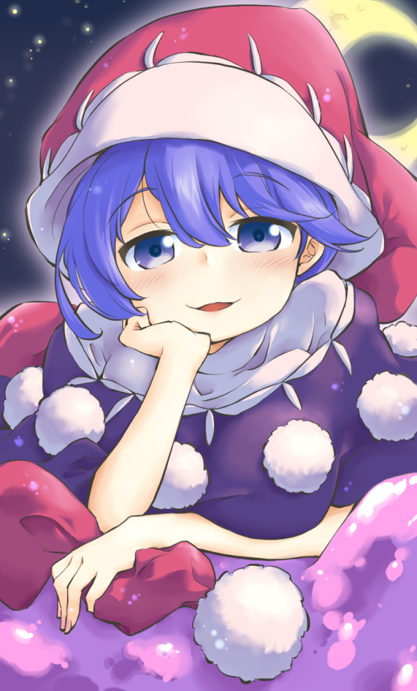 1girl aura black_dress blue_eyes blue_hair blush breast_rest breasts commentary_request crescent_moon doremy_sweet dream_soul dress elbow_rest eyebrows_visible_through_hair hair_between_eyes hand_on_headwear hat head_on_hand head_rest layered_dress looking_at_viewer lying medium_breasts moon night night_sky nightcap on_stomach parted_lips pom_pom_(clothes) red_headwear sky smile solo star_(sky) starry_sky tanasuke touhou