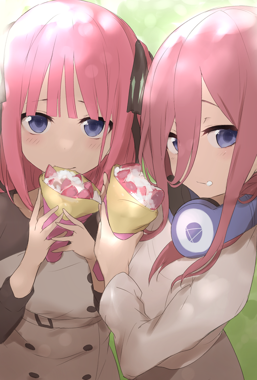 2girls bangs black_ribbon blue_eyes brown_dress brown_hair closed_mouth commentary_request crepe dress eating eyebrows_behind_hair food food_on_face fruit go-toubun_no_hanayome hair_between_eyes hair_ribbon headphones headphones_around_neck highres holding holding_food ichijou_(kr_neru0) long_hair long_sleeves looking_at_viewer multiple_girls nakano_miku nakano_nino pink_hair ribbon strawberry two_side_up