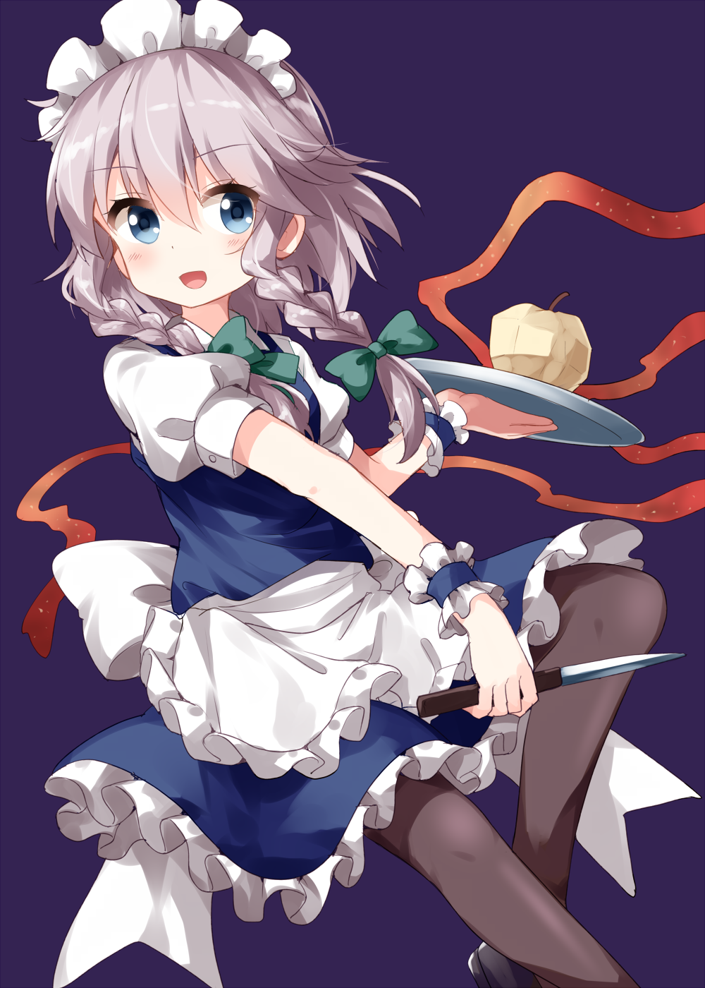 1girl :d apple apron bangs black_footwear black_legwear blue_dress blue_eyes blush bow braid commentary_request dress eyebrows_visible_through_hair feet_out_of_frame food frilled_apron frills fruit green_bow hair_between_eyes hair_bow highres holding holding_knife holding_tray izayoi_sakuya knife looking_at_viewer maid maid_apron maid_headdress open_mouth pantyhose petticoat puffy_short_sleeves puffy_sleeves purple_background ruu_(tksymkw) shirt shoes short_hair short_sleeves silver_hair simple_background smile solo touhou tray twin_braids waist_apron white_apron white_shirt wrist_cuffs