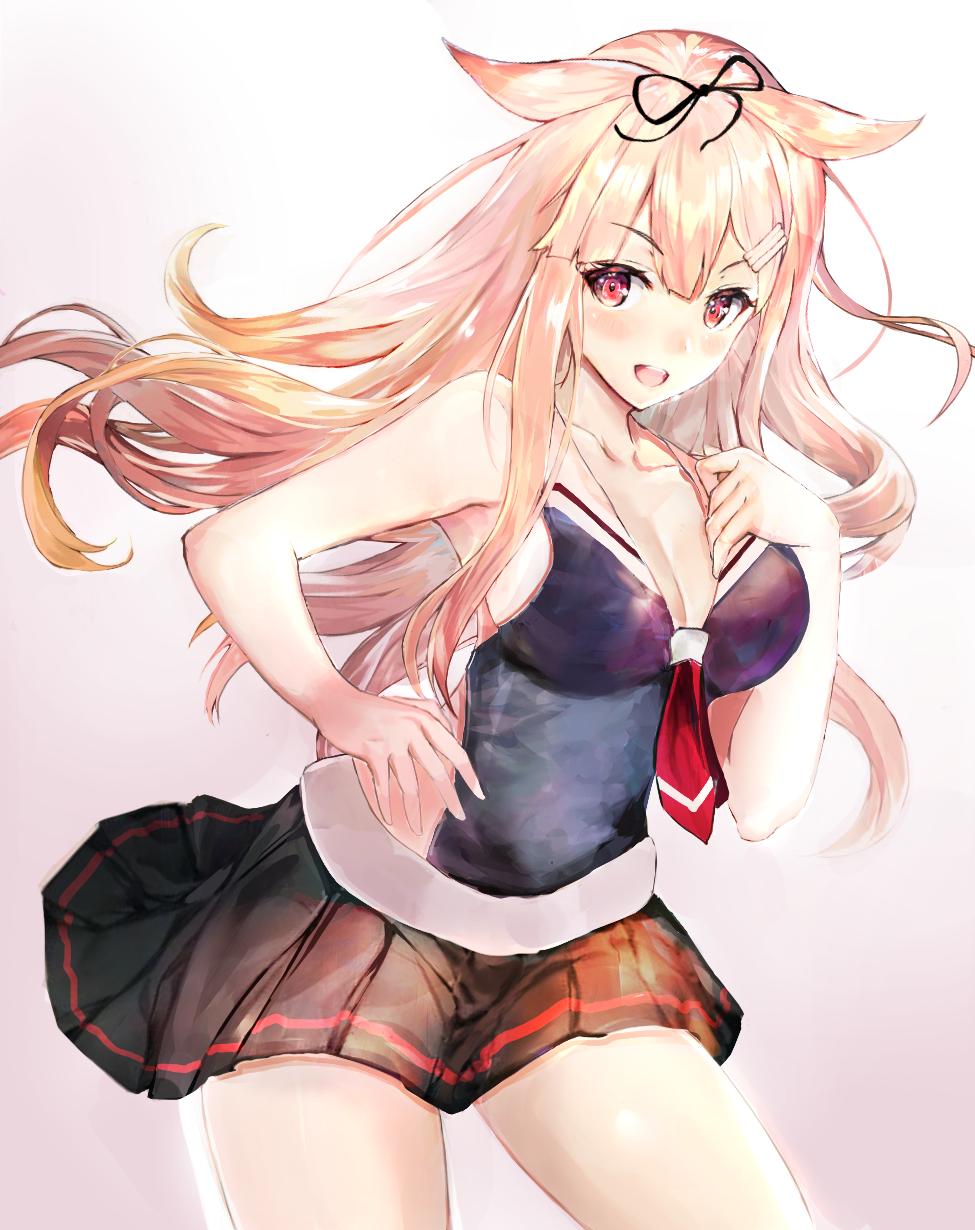 1girl blonde_hair blush breasts cleavage commentary cowboy_shot eriyama_(user_csua4255) hair_between_eyes hair_flaps highres kantai_collection long_hair looking_at_viewer red_eyes skirt smile solo swimsuit white_background yuudachi_(kantai_collection)