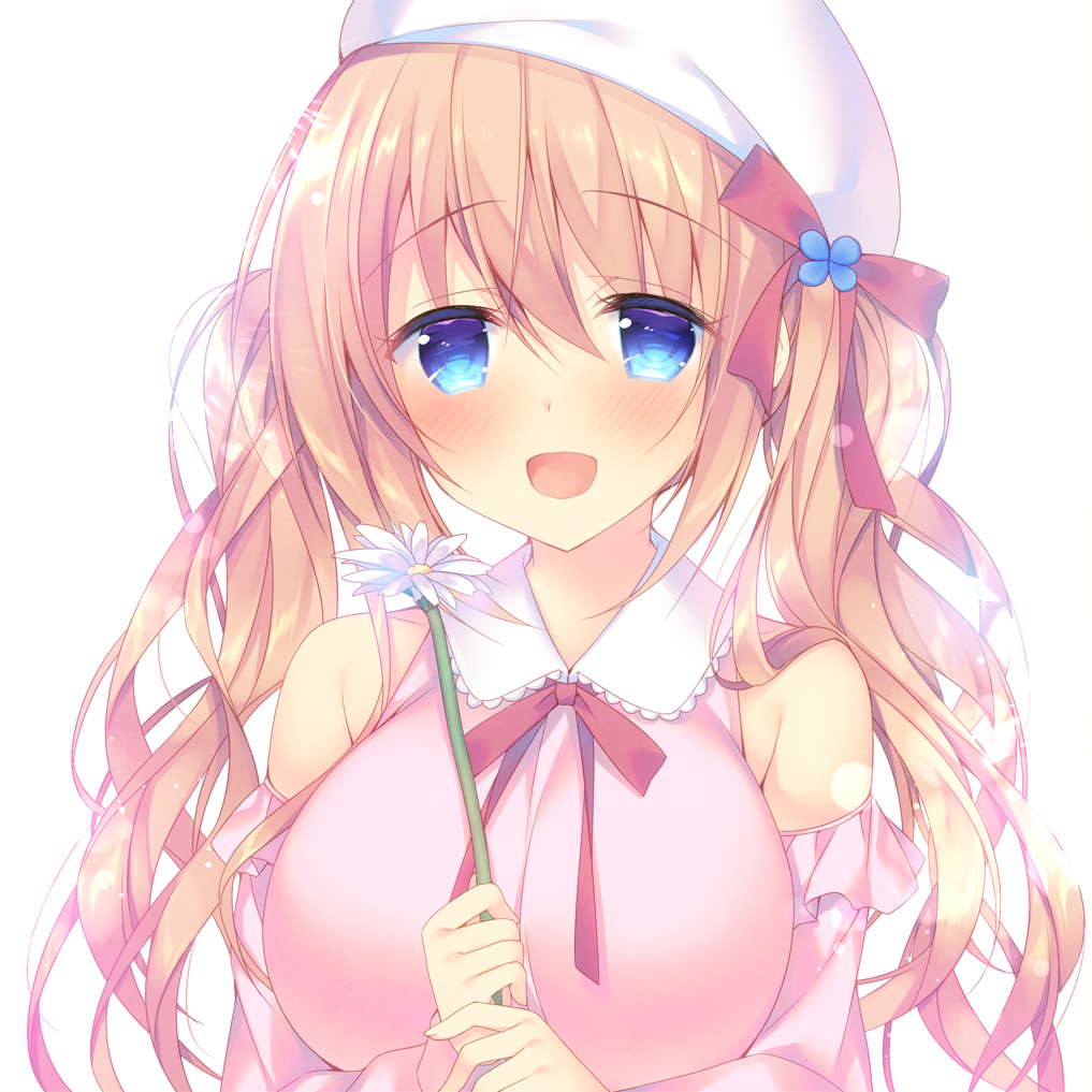 1girl :d bangs bare_shoulders beret blonde_hair blue_eyes blush bow breasts commentary_request detached_sleeves dress eyebrows_visible_through_hair fingernails flower hair_between_eyes hair_bow hat holding holding_flower large_breasts long_hair long_sleeves looking_at_viewer open_mouth original pink_dress pink_sleeves red_bow simple_background sleeveless sleeveless_dress smile solo sorai_shin'ya tilted_headwear traene_(sorai_shin'ya) twintails upper_body white_background white_flower white_headwear