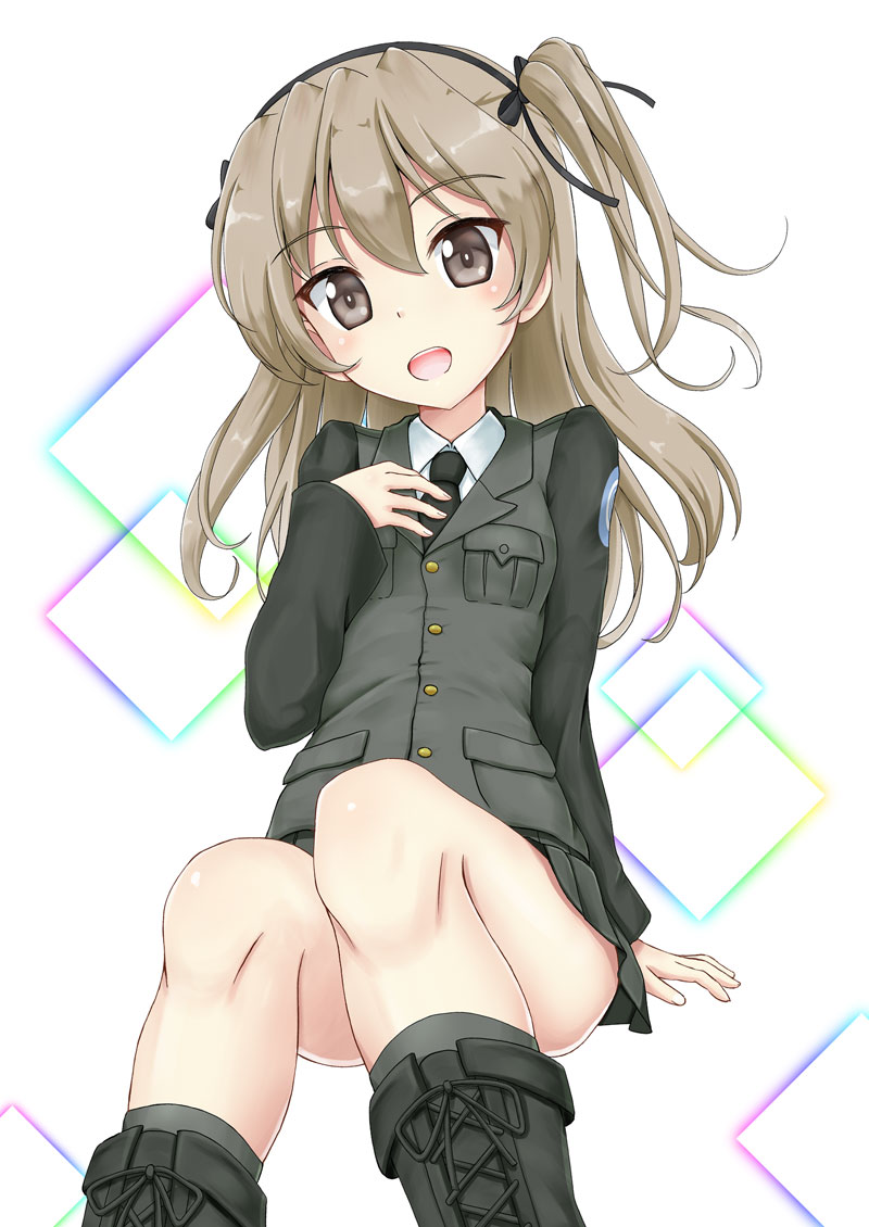1girl :d bangs black_bow black_footwear black_hairband black_neckwear black_skirt blush boots bow brown_eyes brown_hair collared_shirt commentary_request cross-laced_footwear eyebrows_visible_through_hair flipper girls_und_panzer grey_jacket grey_legwear hair_between_eyes hair_bow hairband head_tilt jacket kneehighs lace-up_boots long_hair long_sleeves necktie one_side_up open_mouth pleated_skirt selection_university_military_uniform shimada_arisu shirt sitting skirt smile solo upper_teeth white_shirt