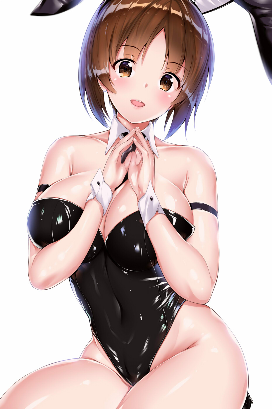 1girl amasora_taichi animal_ears arm_strap bangs bare_shoulders black_footwear black_neckwear blush breasts brown_eyes brown_hair bunnysuit cleavage collarbone detached_collar fake_animal_ears girls_und_panzer high_heels highleg highleg_leotard highres large_breasts leotard lips looking_at_viewer mini_necktie necktie nishizumi_miho open_mouth rabbit_ears shiny shiny_clothes short_hair simple_background sitting smile solo upper_teeth white_background wrist_cuffs