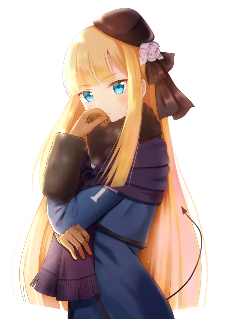 1girl bangs beret blonde_hair blue_coat blue_eyes blush bow brown_bow brown_gloves brown_headwear closed_mouth commentary_request demon_tail eyebrows_visible_through_hair fate_(series) flower fringe_trim gloves hair_bow hair_flower hair_ornament hand_up hat head_tilt long_hair long_sleeves looking_at_viewer lord_el-melloi_ii_case_files nasii reines_el-melloi_archisorte revision rose solo tail tail_raised tilted_headwear very_long_hair white_flower white_rose