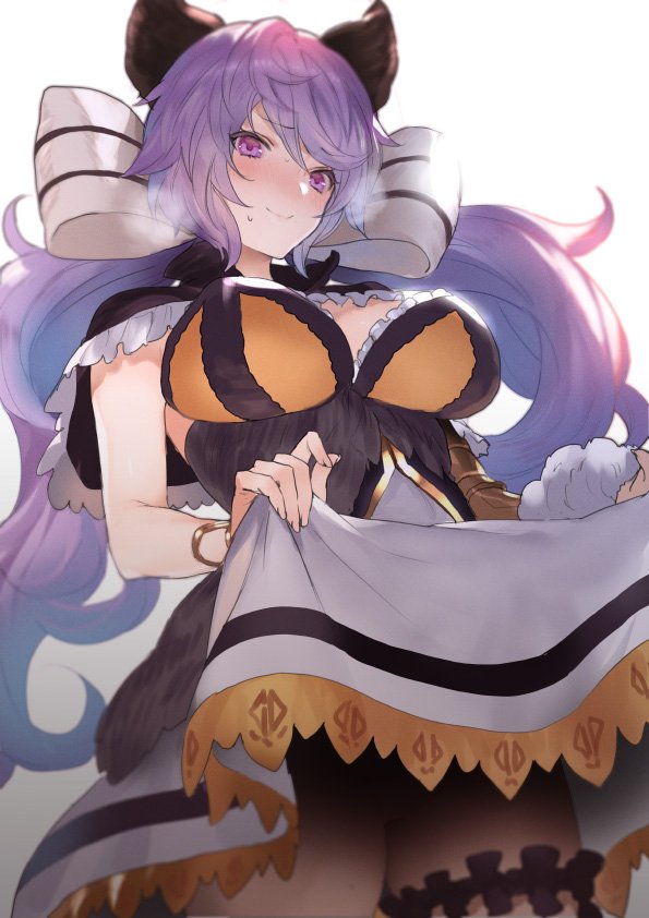1girl black_capelet blurry blush breasts capelet closed_mouth commentary_request cowboy_shot depth_of_field doushite dress dress_lift frills from_below garters granblue_fantasy hair_ribbon heavy_breathing large_breasts lavender_hair leg_garter lifted_by_self long_hair looking_at_viewer low_twintails ribbon satyr_(granblue_fantasy) solo thigh_strap thighs twintails very_long_hair violet_eyes wavy_hair
