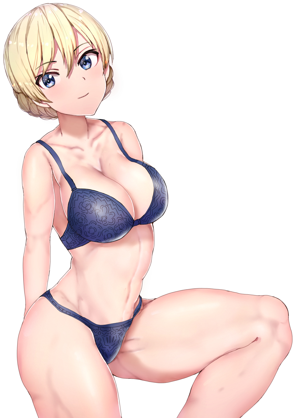 1girl bangs black_bra black_panties blonde_hair blue_eyes bra braid breasts cleavage closed_mouth darjeeling girls_und_panzer hair_between_eyes highres knee_up large_breasts looking_at_viewer navel panties short_hair sikijou77o simple_background smile solo standing thighs tied_hair underwear white_background