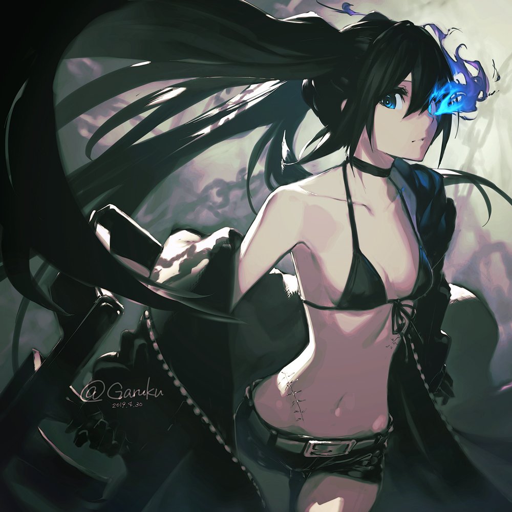 1girl bikini_top black_bikini_top black_hair black_jacket black_rock_shooter black_rock_shooter_(character) black_shorts blue_eyes burning_eye coat collarbone cowboy_shot dated front-tie_bikini front-tie_top garuku hair_between_eyes jacket long_hair navel open_clothes open_jacket scar shorts solo twintails twitter_username