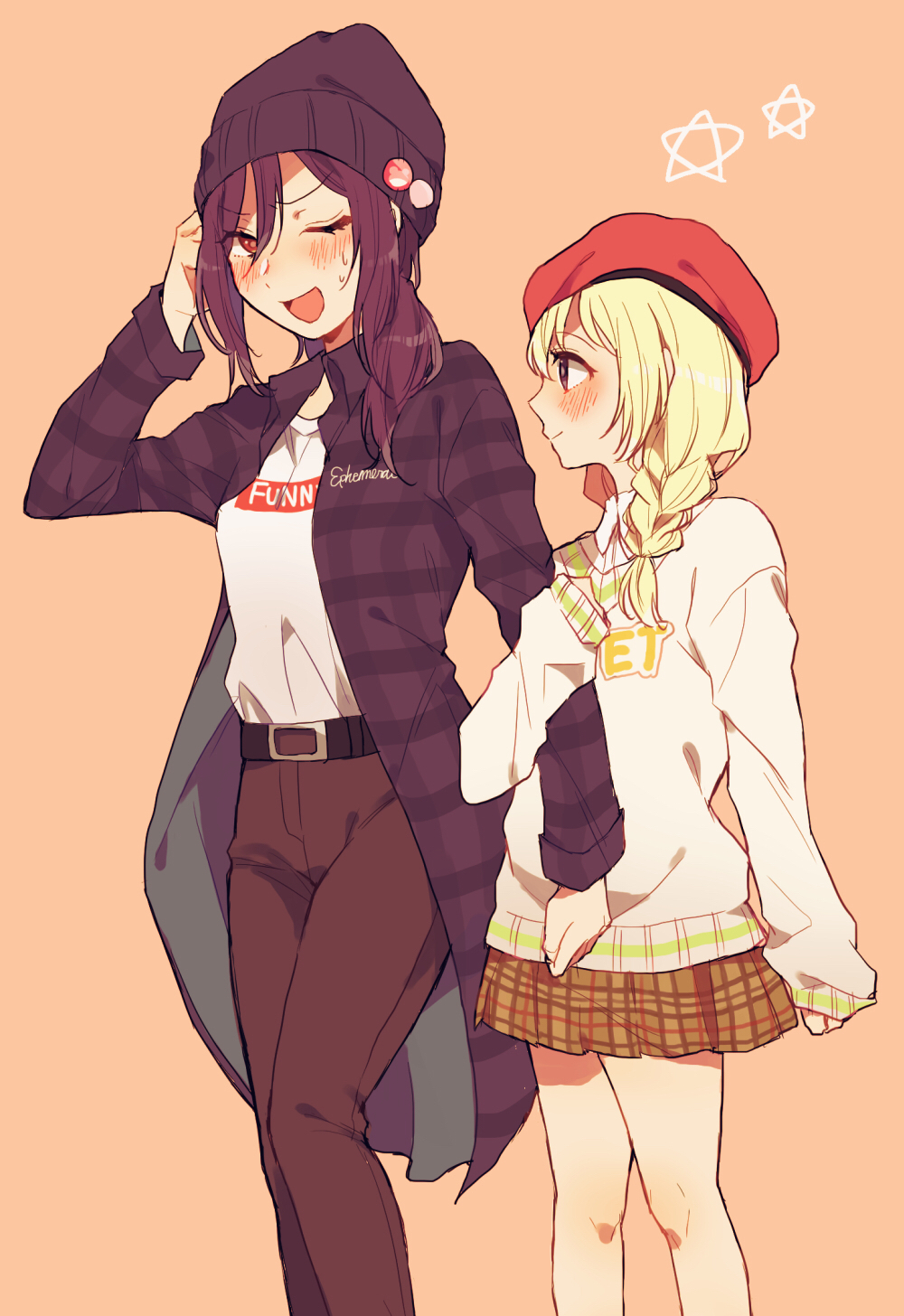 2girls ;d badge bang_dream! beanie belt beret black_headwear black_pants blonde_hair blue_jacket blush braid brown_skirt button_badge clothes_writing commentary_request hat hat_ornament highres jacket locked_arms long_hair long_sleeves looking_at_another low-tied_long_hair multiple_girls nashieshina one_eye_closed open_mouth orange_background pants plaid plaid_jacket plaid_skirt purple_hair red_eyes red_headwear seta_kaoru shirasagi_chisato shirt simple_background skirt sleeves_past_wrists smile star sweatdrop sweatshirt white_shirt yuri