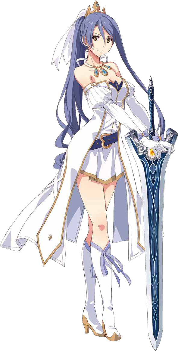 bare_shoulders belt belt_buckle blue_hair boots breasts buckle cleavage crown dress eiyuu_densetsu elbow_gloves gloves greatsword heart high_heels holding holding_sword holding_weapon jewelry knee_boots laura_s._arzeid long_hair magical_girl medium_breasts necklace official_style ponytail sen_no_kiseki sen_no_kiseki_4 sword weapon yellow_eyes