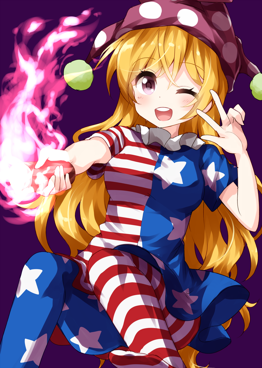 1girl ;d american_flag_dress american_flag_legwear bangs blonde_hair blue_dress blue_legwear blush breasts clownpiece commentary_request dress eyebrows_visible_through_hair feet_out_of_frame hand_up hat highres holding holding_torch invisible_chair jester_cap long_hair looking_at_viewer medium_breasts neck_ruff no_shoes one_eye_closed open_mouth pantyhose polka_dot polka_dot_hat purple_background red_dress red_legwear ruu_(tksymkw) short_dress short_sleeves simple_background sitting smile solo star star_print striped striped_dress striped_legwear torch touhou very_long_hair violet_eyes w white_dress white_legwear