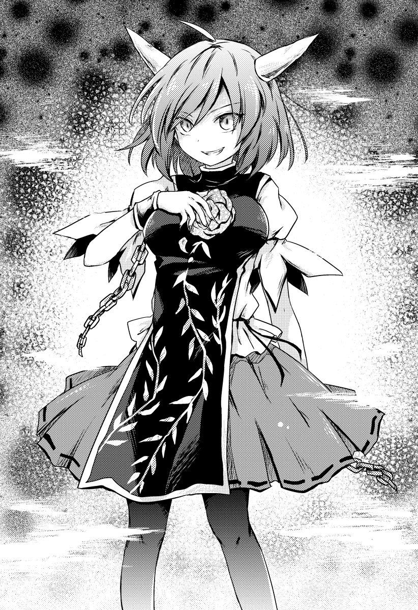 1girl ahoge arm_behind_back bangs black_legwear breasts chains commentary_request cuffs evil_grin evil_smile eyebrows_visible_through_hair fingernails flower greyscale grin halftone halftone_background hand_on_own_chest high_contrast highres horns ibaraki_douji's_arm monochrome oni_horns pantyhose pote_(ptkan) puffy_short_sleeves puffy_sleeves rose shackles sharp_fingernails shirt short_sleeves slit_pupils smile solo spoilers standing tabard touhou white_shirt wild_and_horned_hermit