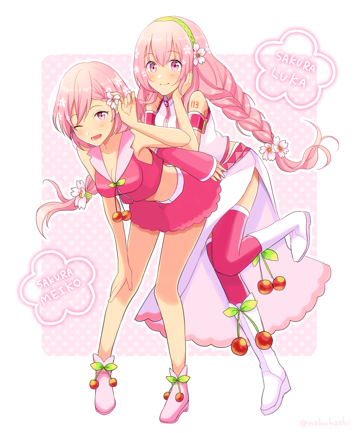 2girls ;d alternate_color alternate_costume alternate_eye_color alternate_hair_color alternate_hairstyle arm_rest armpit_peek bare_legs bare_shoulders blush boots braid breasts character_name cherry cherry_blossoms cleavage commentary detached_sleeves eyebrows_visible_through_hair eyelashes floating_hair flower food food_themed_ornament fruit full_body green_hairband hair_flower hair_ornament hairband hand_in_hair hand_on_own_cheek leaning leaning_forward long_skirt looking_at_viewer medium_breasts megurine_luka meiko multiple_girls nokuhashi number_tattoo one_eye_closed open_mouth pink_background pink_eyes pink_flower pink_footwear pink_hair pink_legwear pink_skirt pink_tank_top polka_dot polka_dot_background sakura_luka sakura_meiko short_hair shoulder_tattoo simple_background skirt smile standing standing_on_one_leg tank_top tattoo thigh-highs twin_braids vocaloid white_background white_footwear