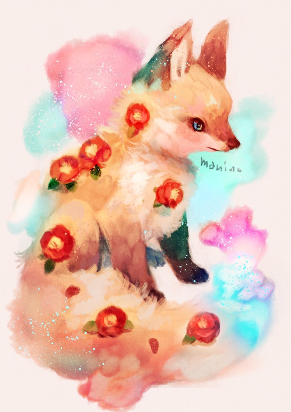 animal animal_focus commentary_request flower flower_request fluffy fox full_body highres male_focus manino_(mofuritaionaka) original red_flower signature solo