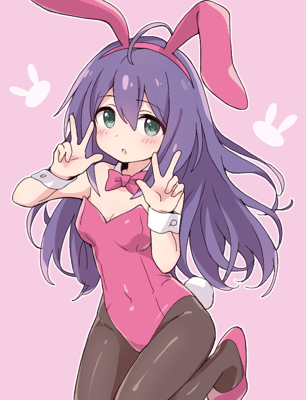 1girl :o animal_ears bangs bare_shoulders blush bow breasts brown_legwear bunny_girl bunny_tail bunnysuit covered_navel ddak5843 detached_collar double_w eyebrows_visible_through_hair fake_animal_ears green_eyes hair_between_eyes hairband hands_up idolmaster idolmaster_million_live! kneeling leotard long_hair mochizuki_anna pantyhose parted_lips pink_background pink_bow pink_footwear pink_hairband pink_leotard purple_hair rabbit_ears shoes simple_background small_breasts solo strapless strapless_leotard tail very_long_hair w white_coat wrist_cuffs