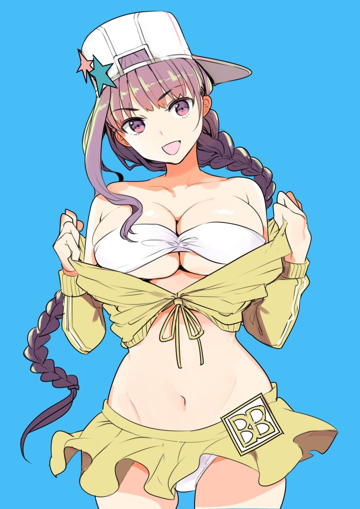 1girl :d backwards_hat bad_id bad_twitter_id bangs baseball_cap bb_(fate)_(all) bb_(swimsuit_mooncancer)_(fate) bikini blue_background breasts brown_eyes brown_hair commentary_request cowboy_shot eyebrows_visible_through_hair fate/grand_order fate_(series) front-tie_top groin hat head_tilt large_breasts long_hair looking_at_viewer miniskirt nakasone_haiji navel open_mouth pulled_by_self shirt shirt_pull sideways_hat simple_background skirt smile solo standing star_hat_ornament swimsuit very_long_hair white_bikini yellow_shirt yellow_skirt