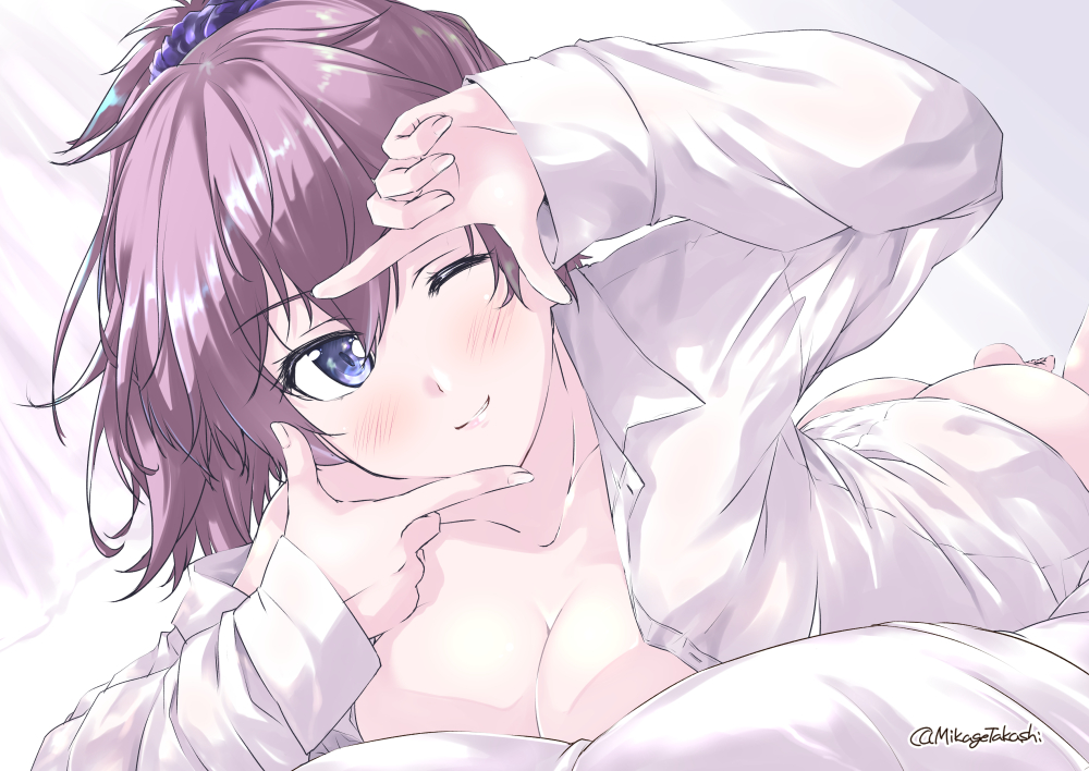 1girl aoba_(kantai_collection) ass blue_eyes blush breasts cleavage collarbone dress_shirt eyebrows_visible_through_hair finger_frame kantai_collection large_breasts long_hair looking_at_viewer lying mikage_takashi one_eye_closed pink_hair ponytail scrunchie shirt smile solo white_shirt